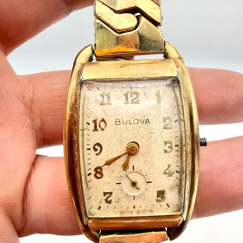 Bulova Mens Tank Watch 10AX 21 Jewel 10K‎ Gold Filled Working Broken Crown